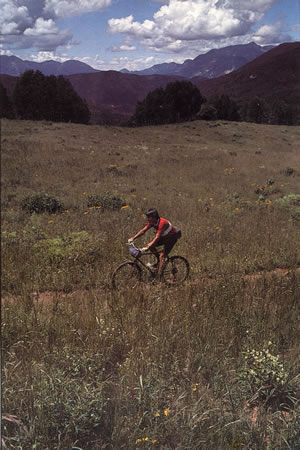Norm rides legally in the West Elks Wilderness in 1983.